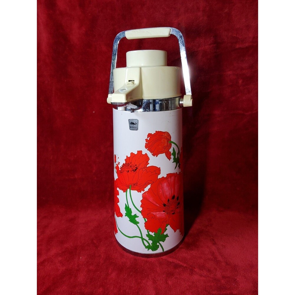 WORKING Vintage 1970s Red Floral Airpot Coffee Hot Cold Drink Pumper Dispenser